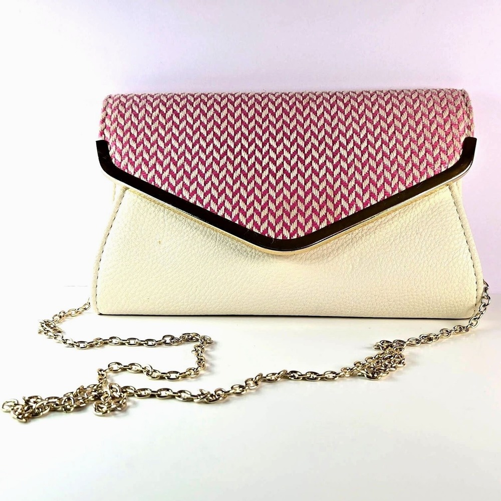 Charming Charlie Pink and Cream Woven Flap Faux Leather‎ Envelope Purse Handbag